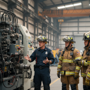 Engineer briefing firefighters inside an industrial facility.