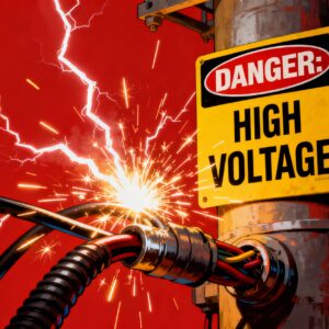 Sparks fly from a high voltage electrical connection with a warning sign.