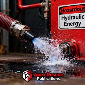 Water spurting forcefully from a hydraulic hose connection.