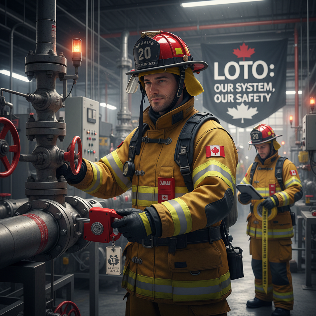 Firefighters inspecting safety systems in an industrial setting.